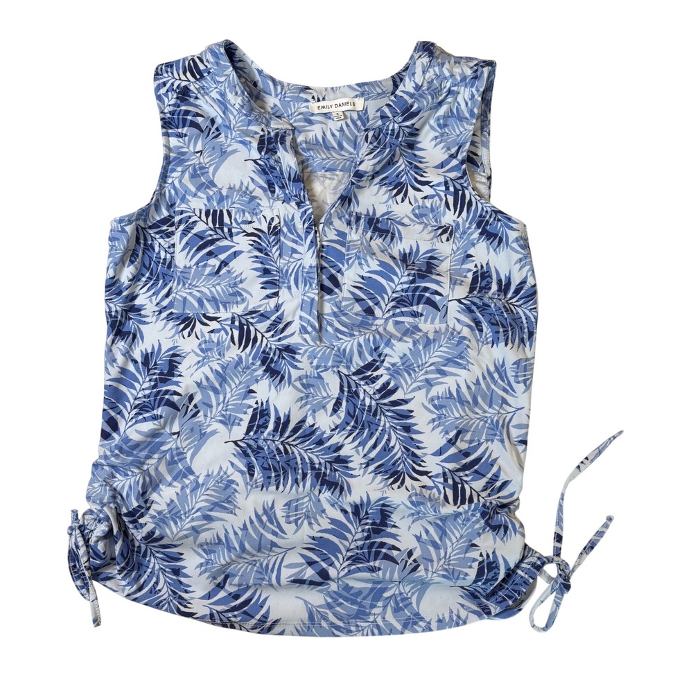 Emily Daniels Blue‎ White Tropical Palm Print Sleeveless Ruched Side Top Small